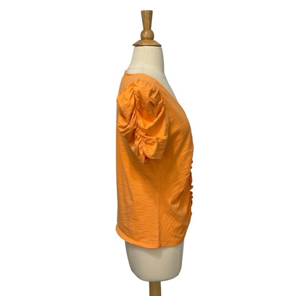 Nation LTD Giada Top Ruffled V-Neck Slub Poplin Puff Sleeve Cotton Orange Size M - Picture 3 of 9